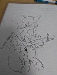Size: 1080x1440 | Tagged: safe, artist:omegapony16, oc, oc only, oc:oriponi, species:bat pony, species:pony, bat pony oc, clothing, frown, gun, irl, lineart, lined paper, male, photo, scarf, solo, stallion, traditional art, weapon