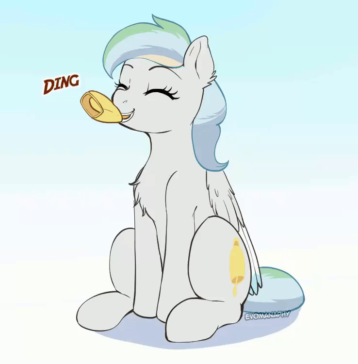 Size: 738x750 | Tagged: safe, artist:evomanaphy, patreon reward, oc, oc only, oc:river chime, species:pegasus, species:pony, animated, behaving like a bird, bell, chest fluff, cute, eyes closed, female, gif, gradient background, happy, mare, mouth hold, ocbetes, onomatopoeia, patreon, pegasus oc, sitting, smiling, solo, wings