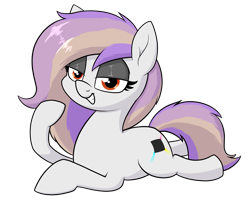 Size: 1441x1156 | Tagged: safe, artist:moonatik, oc, oc only, oc:moon dust, species:earth pony, species:pony, eyeshadow, female, grin, lidded eyes, looking at you, lying down, makeup, mare, raffle prize, simple background, smiling, smug, solo, transparent background
