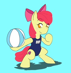 Size: 1989x2048 | Tagged: safe, artist:omegapony16, character:apple bloom, species:earth pony, species:pony, beach ball, bipedal, bow, clothing, cutie mark, eye clipping through hair, female, filly, hair bow, one-piece swimsuit, school swimsuit, smiling, solo, swimsuit, the cmc's cutie marks