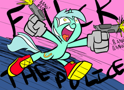 Size: 1280x931 | Tagged: safe, artist:tess, character:lyra heartstrings, species:pony, species:unicorn, bipedal, dual wield, female, fuck the police, gun, hand, mare, no pupils, open mouth, pistol, running, solo, vulgar, weapon