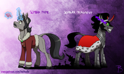 Size: 1772x1061 | Tagged: safe, artist:inuhoshi-to-darkpen, character:king sombra, species:pony, species:umbrum, species:unicorn, alternate universe, cape, clothing, curved horn, facial hair, glowing horn, gradient background, grin, horn, king, leonine tail, levitation, magic, magic aura, male, moustache, purple background, simple background, smiling, solo, stallion, telekinesis, unshorn fetlocks