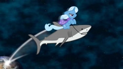 Size: 1024x576 | Tagged: safe, artist:grapefruitface1, character:trixie, species:pony, species:unicorn, alternate cutie mark, blue oyster cult, riding, shark, space, wallpaper
