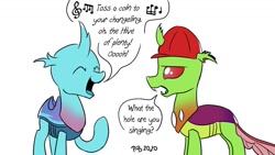 Size: 1200x675 | Tagged: safe, artist:pony-berserker, oc, oc:berzie, oc:dopple, species:changeling, species:reformed changeling, dialogue, i can't believe it's not idw, singing, sketch, song, speech bubble, the witcher, witcher