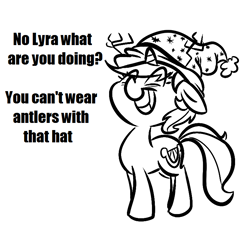 Size: 770x700 | Tagged: safe, artist:tess, character:lyra heartstrings, species:pony, species:unicorn, antlers, clothing, female, floppy ears, grin, hat, mare, monochrome, smiling, solo