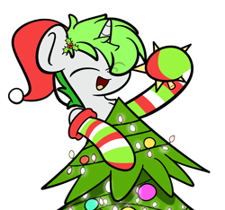 Size: 1640x1536 | Tagged: safe, artist:kimjoman, part of a set, oc, oc only, oc:starshine glow, species:pony, species:unicorn, christmas, christmas lights, christmas tree, clothing, cute, eye clipping through hair, eyes closed, hat, holiday, holly, holly mistaken for mistletoe, hoof hold, male, open mouth, santa hat, simple background, smiling, socks, solo, stallion, stars, striped socks, transparent background, tree, ych result