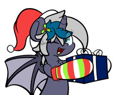 Size: 2048x1536 | Tagged: safe, artist:kimjoman, part of a set, oc, oc only, oc:elizabat stormfeather, species:alicorn, species:bat pony, species:pony, alicorn oc, bat pony alicorn, bat pony oc, box, chest fluff, christmas, christmas presents, clothing, cute, eye clipping through hair, fangs, female, hat, holiday, holly, holly mistaken for mistletoe, hoof hold, mare, one eye closed, open mouth, present, santa hat, simple background, smiling, socks, solo, striped socks, transparent background, wink, ych result