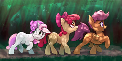 Size: 5950x3000 | Tagged: safe, artist:xbi, character:apple bloom, character:scootaloo, character:sweetie belle, species:earth pony, species:pegasus, species:pony, species:unicorn, cutie mark crusaders, dappled sunlight, everfree forest, female, filly, forest, grin, looking back, nervous, nervous grin, smiling, trio, walking