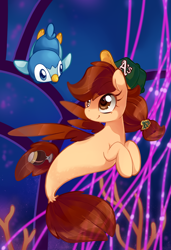Size: 700x1024 | Tagged: safe, artist:loyaldis, oc, oc only, oc:vanilla creame, species:seapony (g4), alcohol, beer, clothing, crossover, cute, hat, oakland athletics, piplup, pokémon, seaquestria, solo, underwater