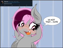 Size: 1433x1088 | Tagged: safe, artist:freefraq, oc, oc:lilac san, species:bat pony, species:pony, blatant lies, blushing, cute, denial's not just a river in egypt, female, i'm not cute, mare, solo