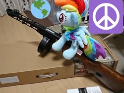 Size: 1440x1080 | Tagged: safe, artist:omegapony16, character:rainbow dash, species:pegasus, species:pony, airsoft, earth, female, globe, gun, irl, mare, peace symbol, photo, plushie, ppsh-41, solo, weapon