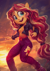 Size: 850x1200 | Tagged: safe, artist:assasinmonkey, character:sunset shimmer, g4, my little pony: equestria girls, my little pony:equestria girls, spoiler:eqg series (season 2), cute, female, geode of empathy, magical geodes, music festival outfit, open mouth, ponied up, shimmerbetes, solo, sun, sunset, sunshine shimmer