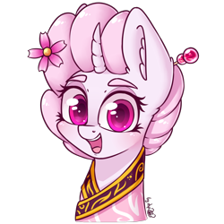 Size: 3072x3072 | Tagged: safe, artist:dsp2003, oc, oc:sakuragi-san, species:pony, species:unicorn, bust, clothing, curved horn, female, flower, flower in hair, horn, kanzashi, looking at you, mare, open mouth, portrait, signature, simple background, transparent background, vaguely asian robe