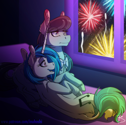 Size: 1600x1596 | Tagged: safe, artist:inuhoshi-to-darkpen, character:dj pon-3, character:octavia melody, character:vinyl scratch, species:earth pony, species:pony, species:unicorn, ship:scratchtavia, bed, bedroom, female, fireworks, happy new year, holiday, lesbian, mare, open mouth, pillow, shipping, unshorn fetlocks