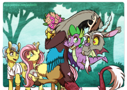 Size: 891x633 | Tagged: safe, artist:inuhoshi-to-darkpen, artist:zutheskunk edits, character:discord, character:doctor fauna, character:fluttershy, character:spike, species:dragon, species:earth pony, species:pegasus, species:pony, ship:discoshy, bouquet, ear fluff, female, flower, male, opossum, shipper on deck, shipping, straight, winged spike