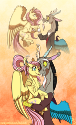 Size: 1181x1936 | Tagged: safe, artist:inuhoshi-to-darkpen, character:discord, character:fluttershy, species:draconequus, species:pegasus, species:pony, ship:discoshy, episode:the last problem, g4, my little pony: friendship is magic, cute, fangs, feathered fetlocks, female, gradient background, holding a pony, male, mare, older, older fluttershy, orange background, shipping, shyabetes, simple background, straight
