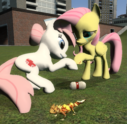 Size: 563x548 | Tagged: safe, artist:didgereethebrony, character:fluttershy, character:nurse redheart, species:earth pony, species:pegasus, species:pony, 3d, bandage, blood, crying, doctor, gmod, injured, lizard, nurse, teary eyes, thorny devil
