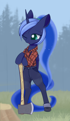 Size: 1008x1740 | Tagged: safe, artist:dusthiel, character:princess luna, species:alicorn, species:pony, alternate hairstyle, axe, belt, bipedal, clothing, female, forest, grass, jeans, lumberjack, mare, one eye closed, open mouth, outdoors, pants, plaid shirt, ponytail, solo, suspenders, sweat, tree stump, weapon