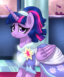 Size: 998x1200 | Tagged: safe, artist:joakaha, character:twilight sparkle, character:twilight sparkle (alicorn), species:alicorn, species:pony, episode:the last problem, g4, my little pony: friendship is magic, castle, clothing, coronation dress, dress, female, looking at you, mare, second coronation dress, smiling, solo