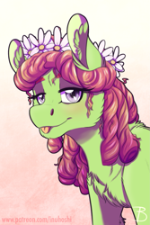 Size: 1181x1772 | Tagged: safe, artist:inuhoshi-to-darkpen, character:tree hugger, species:earth pony, species:pony, blep, blushing, cheek fluff, chest fluff, cute, ear fluff, female, flower, flower in hair, fluffy, huggerbetes, leg fluff, lidded eyes, looking at you, mare, patreon, solo, tongue out