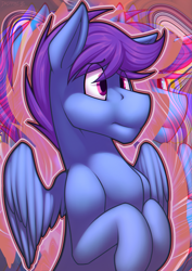 Size: 1413x2000 | Tagged: safe, artist:dripponi, artist:lattynskit, oc, oc only, oc:windy dripper, species:pegasus, species:pony, abstract background, concerned, eyebrows, eyebrows visible through hair, male, nervous, pegasus oc, psychedelic, solo, spread wings, stallion, wings, worried