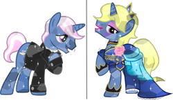 Size: 7947x4611 | Tagged: safe, artist:vector-brony, oc, oc:azure/sapphire, species:crystal pony, species:pony, species:unicorn, before and after, blushing, bow tie, clothing, crossdressing, crystallized, dress, eyeliner, fake eyelashes, femboy, gown, lipstick, makeup, male, simple background, suit, transparent background, tuxedo