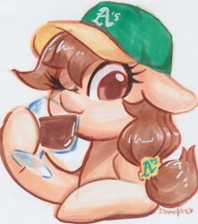 Size: 1728x1952 | Tagged: safe, artist:dawnfire, oc, oc:vanilla creame, species:pony, alcohol, baseball cap, beer, bust, cap, clothing, drinking, female, glass, hat, mare, oakland athletics, one eye closed, simple background, sipping, solo, white background, wink
