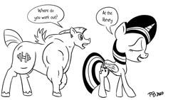 Size: 1200x675 | Tagged: safe, artist:pony-berserker, character:bulk biceps, character:twilight sparkle, character:twilight sparkle (alicorn), species:alicorn, species:pegasus, species:pony, big head, black and white, dialogue, duo, female, grayscale, male, mare, monochrome, pony-berserker's twitter sketches, signature, simple background, sketch, small head, speech bubble, stallion, white background
