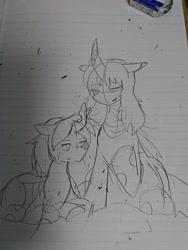 Size: 1080x1440 | Tagged: safe, artist:omegapony16, oc, oc only, species:changeling, changeling queen, changeling queen oc, curved horn, duo, eraser, horn, irl, lineart, lined paper, photo, prone, raised hoof, traditional art