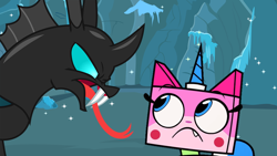 Size: 1024x577 | Tagged: safe, artist:frownfactory, artist:kingprui40, artist:roxy-cream, edit, character:thorax, species:changeling, angry, cave, crossover, fangs, female, frown, hissing, kitten, looking at each other, male, scared, tooth, unikitty, unikitty! (tv series), vector, vector edit