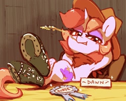 Size: 1668x1332 | Tagged: safe, artist:dawnfire, oc, oc only, oc:dawnfire, species:pony, species:unicorn, armpits, blue ribbon, boots, clothing, cowboy hat, hat, horseshoes, shoes, solo, stetson, straw in mouth