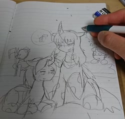 Size: 1076x1018 | Tagged: safe, artist:omegapony16, oc, oc only, species:changeling, changeling queen, changeling queen oc, curved horn, eraser, female, hand, horn, irl, lineart, lined paper, photo, pictogram, prone, raised hoof, traditional art