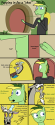 Size: 1000x2283 | Tagged: safe, artist:didgereethebrony, character:discord, oc, oc:didgeree, species:anthro, species:pony, comic:popping in for a "chat", comic, fluttershy's cottage, gulp, implied fluttershy, knocking, trace