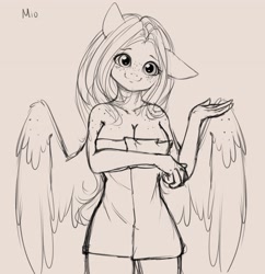 Size: 3424x3530 | Tagged: safe, artist:miokomata, oc, oc only, oc:mio, species:anthro, species:pegasus, species:pony, boob freckles, breasts, chest freckles, female, floppy ears, freckles, freckleshy, head tilt, looking at you, monochrome, naked towel, pink background, shoulder freckles, signature, simple background, sketch, solo, towel