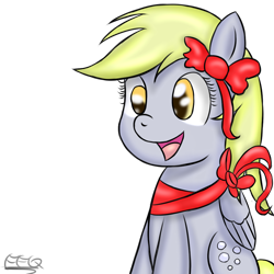 Size: 900x900 | Tagged: safe, artist:freefraq, character:derpy hooves, species:pegasus, species:pony, bow, female, happy, mare, present, ribbon, simple background, sitting, solo, transparent background