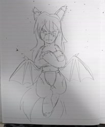 Size: 1686x2048 | Tagged: safe, artist:omegapony16, oc, oc only, oc:oriponi, species:bat pony, species:pony, bat pony oc, crossed arms, lineart, lined paper, loincloth, male, solo, spread wings, stallion, traditional art, unamused, unshorn fetlocks, wings