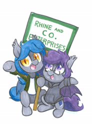 Size: 2145x2910 | Tagged: safe, artist:dawnfire, oc, oc only, oc:dusk rhine, oc:racket rhine, species:bat pony, brother and sister, clothing, cute, cute little fangs, duo, fangs, female, glasses, hoodie, looking at you, male, merchant, open mouth, purple eyes, rule 63, siblings, sign, simple background, smiling, spread wings, traditional art, white background, wings, yellow eyes