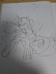 Size: 1080x1440 | Tagged: safe, artist:omegapony16, character:nightmare moon, character:princess luna, species:alicorn, species:pony, female, gritted teeth, helmet, hoof shoes, irl, lineart, lined paper, mare, peytral, photo, raised hoof, scythe, traditional art