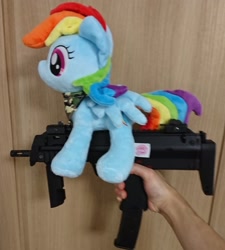 Size: 1846x2048 | Tagged: safe, artist:omegapony16, character:rainbow dash, species:pegasus, species:pony, airsoft, female, gun, hand, irl, mare, mp7, neckerchief, photo, plushie, toy, weapon