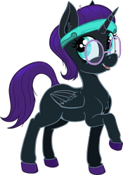 Size: 2288x3277 | Tagged: safe, artist:paskanaakka, derpibooru original, oc, oc only, oc:nyx, species:alicorn, species:pony, 2020 community collab, derpibooru community collaboration, chest fluff, colored hooves, commission, ear fluff, female, filly, glasses, headband, simple background, smiling, solo, transparent background, unshorn fetlocks
