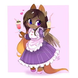 Size: 600x600 | Tagged: safe, artist:ipun, oc, oc only, species:anthro, species:pegasus, species:pony, species:unguligrade anthro, anthro oc, arm hooves, blushing, chibi, clothing, deviantart watermark, dress, female, friendship cafe, heart, heterochromia, maid, mare, obtrusive watermark, shoes, solo, watermark