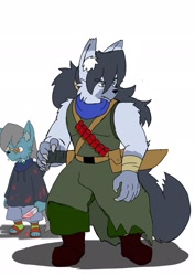 Size: 1451x2048 | Tagged: safe, alternate version, artist:omegapony16, oc, oc only, oc:oriponi, species:anthro, species:plantigrade anthro, species:wolf, bandage, blood, boots, clothing, duo, ear fluff, ear piercing, earring, feather, furry, furry oc, hoodie, jewelry, knife, male, mouth hold, pants, piercing, sandals, shoes, simple background, smiling, solo, species swap, sword, weapon, white background