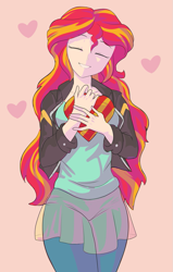 Size: 687x1080 | Tagged: safe, artist:thebrokencog, character:sunset shimmer, species:human, my little pony:equestria girls, box of chocolates, cute, eyes closed, female, heart, holiday, human coloration, humanized, pink background, shimmerbetes, simple background, smiling, solo, valentine's day