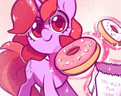 Size: 1668x1319 | Tagged: safe, artist:dawnfire, oc, oc only, oc:dawnfire, species:pony, species:unicorn, abstract background, cute, donut, female, food, looking at you, magic, mare, ocbetes, paper bag, smiling, solo, telekinesis, ¿quieres?