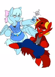 Size: 1451x2048 | Tagged: safe, alternate version, artist:omegapony16, species:earth pony, species:pegasus, species:pony, bow, broken horn, clothing, colored, duo, eraser, female, fight, hair bow, headband, hoof hold, horn, male, mare, stallion, traditional art, walkie talkie