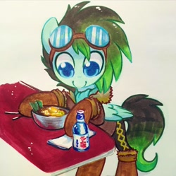 Size: 1440x1434 | Tagged: safe, artist:dawnfire, oc, oc only, oc:gryph xander, species:pegasus, species:pony, boots, copic, folded wings, food, goggles, male, noodles, ramen, ramune, shoes, solo, stallion, traditional art, wings