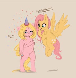 Size: 2783x2831 | Tagged: safe, artist:miokomata, character:fluttershy, oc, oc:mio, species:pegasus, species:pony, belly button, birthday, clothing, confetti, dialogue, duo, female, floppy ears, freckles, freckleshy, hat, looking at you, mare, open mouth, party hat, pink background, semi-anthro, simple background