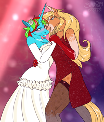 Size: 1000x1175 | Tagged: safe, artist:sunny way, oc, oc only, oc:ayma, oc:wander bliss, species:anthro, species:pony, species:unicorn, anthro oc, blushing, clothing, cute, dancing, dappled, dress, evening gloves, female, flower, flower in hair, furry, gloves, horn, horse, lesbian, long gloves, lovely, mare, red dress, side slit, smiling, stockings, thigh highs, wedding dress