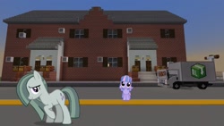 Size: 1334x750 | Tagged: safe, artist:cheezedoodle96, artist:mrkupkake, edit, editor:topsangtheman, character:marble pie, character:wind sprint, species:pony, house, looking at you, minecraft, truck