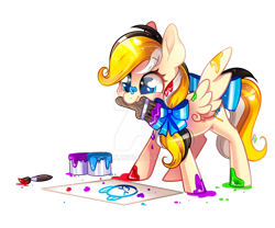 Size: 800x667 | Tagged: safe, artist:ipun, oc, oc:sacred dreams, species:pegasus, species:pony, bow, chibi, deviantart watermark, female, mare, messy, obtrusive watermark, paint, paint on feathers, paint on hooves, simple background, solo, transparent background, watermark